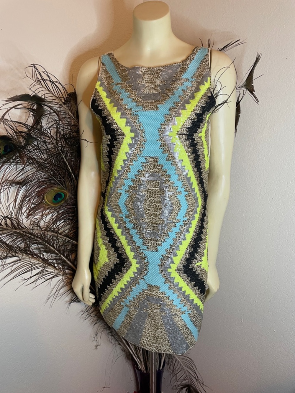 english rose Sequin Geometric Mini Dress in Aqua, Neon Yellow and Silver